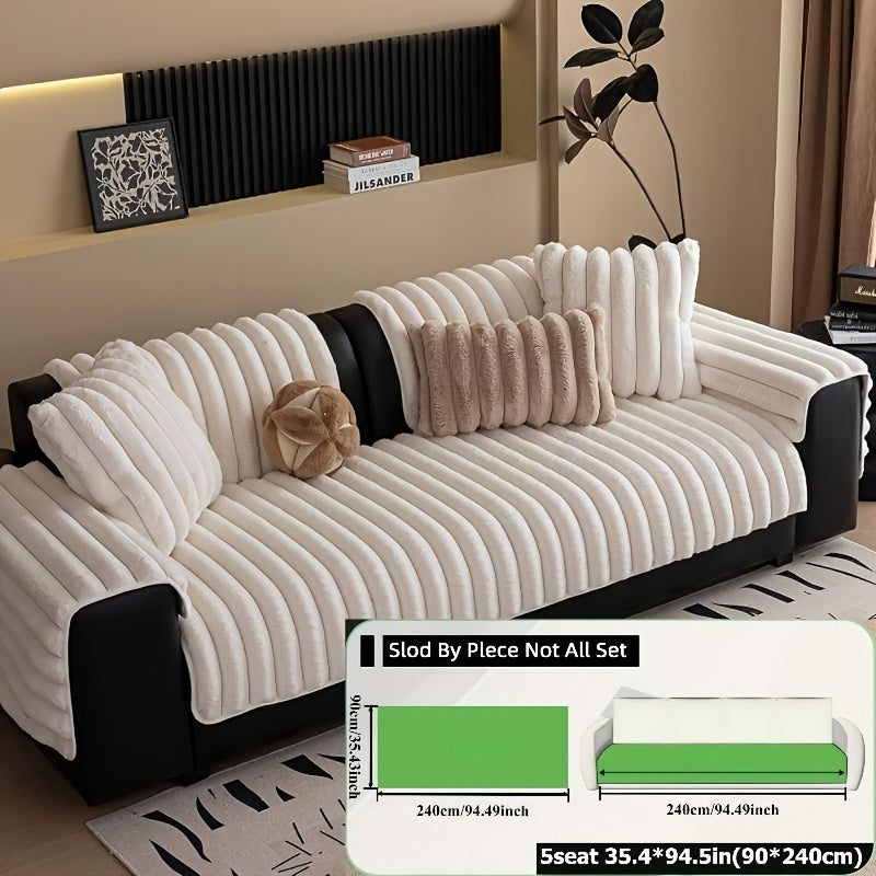 1pc of Off-White Faux Rabbit Patchwork Sofa Cover, Machine Washable Striped Non-Slip Velour Cushion Covers, Protective Covers Suitable for Furniture Seating 1 to 4 People