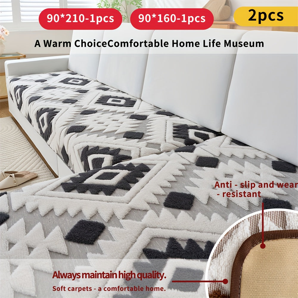 2pcs Bohemian Style Jacquard Sofa Cover Set with Cushion - Plush Thick Non-Slip L-Shaped Corner Design, & Geometric Pattern, Pet-Friendly All-Season Sofa Protector, Machine Washable Soft Fabric for Sectional Couches, Loveseats & for home Decor ( Fit