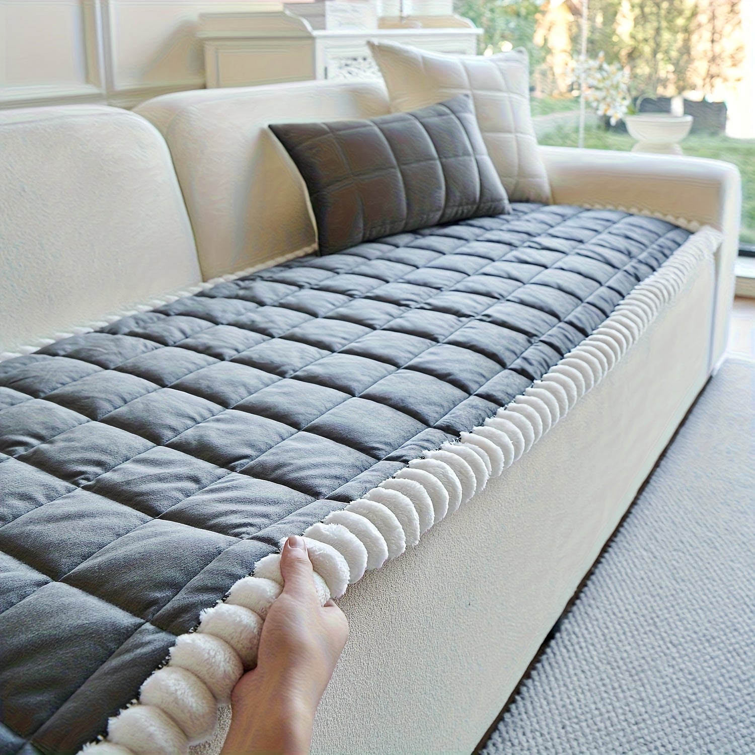 1pc Easy And Modern Style Thickened Non-Slip Sofa Cover | Luxurious Handmade Suede Non-Slip Edge, Pet-Friendly, Breathable And Fashionable Home Decoration, Suitable For Living Room, Bedroom, Office Furniture, Polyester, Quilting Craftsmanship