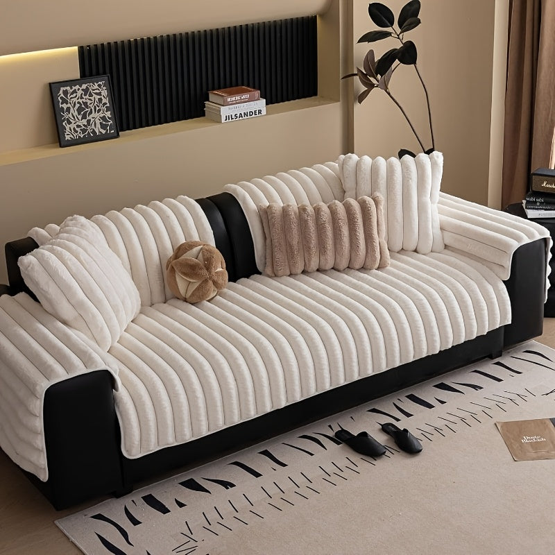 1pc of Off-White Faux Rabbit Patchwork Sofa Cover, Machine Washable Striped Non-Slip Velour Cushion Covers, Protective Covers Suitable for Furniture Seating 1 to 4 People