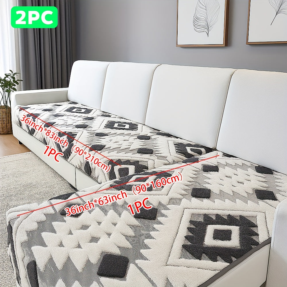 2pcs Bohemian Style Jacquard Sofa Cover Set with Cushion - Plush Thick Non-Slip L-Shaped Corner Design, & Geometric Pattern, Pet-Friendly All-Season Sofa Protector, Machine Washable Soft Fabric for Sectional Couches, Loveseats & for home Decor ( Fit