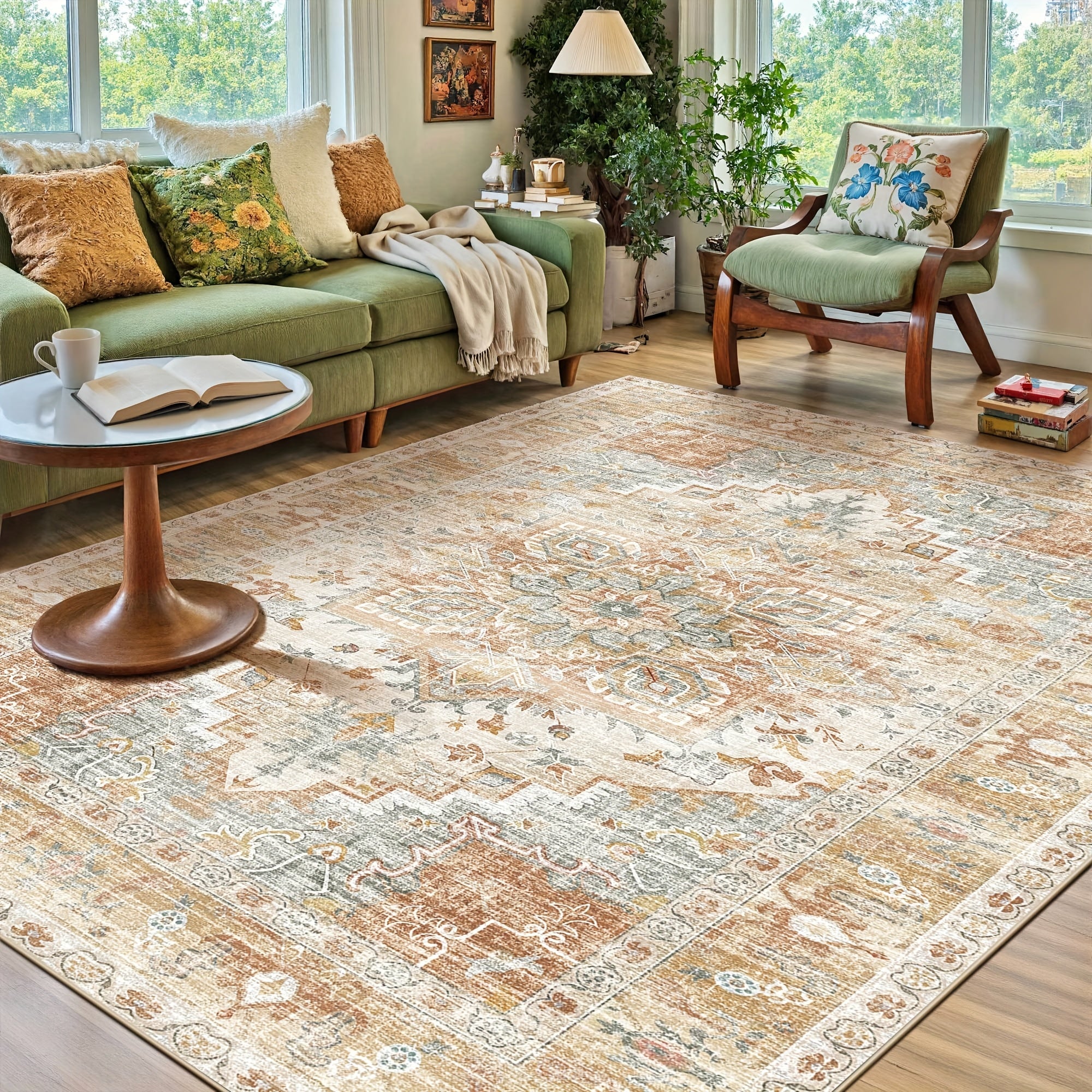 One Washable Rug in Orange And Cream, Made of Faux Cashmere with a Short Plush Texture. It Features a Non-Slip Backing And Is Soft, Non-Shedding, And Has a Durable Edge, Suitable for Decorating Living Rooms, Bedrooms, Kitchens, Laundry Areas