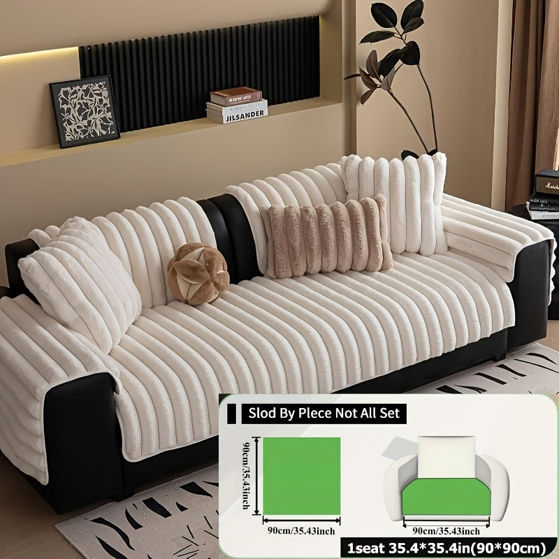 1pc of Off-White Faux Rabbit Patchwork Sofa Cover, Machine Washable Striped Non-Slip Velour Cushion Covers, Protective Covers Suitable for Furniture Seating 1 to 4 People