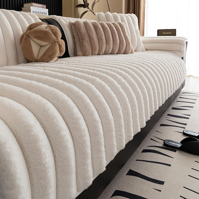 1pc of Off-White Faux Rabbit Patchwork Sofa Cover, Machine Washable Striped Non-Slip Velour Cushion Covers, Protective Covers Suitable for Furniture Seating 1 to 4 People
