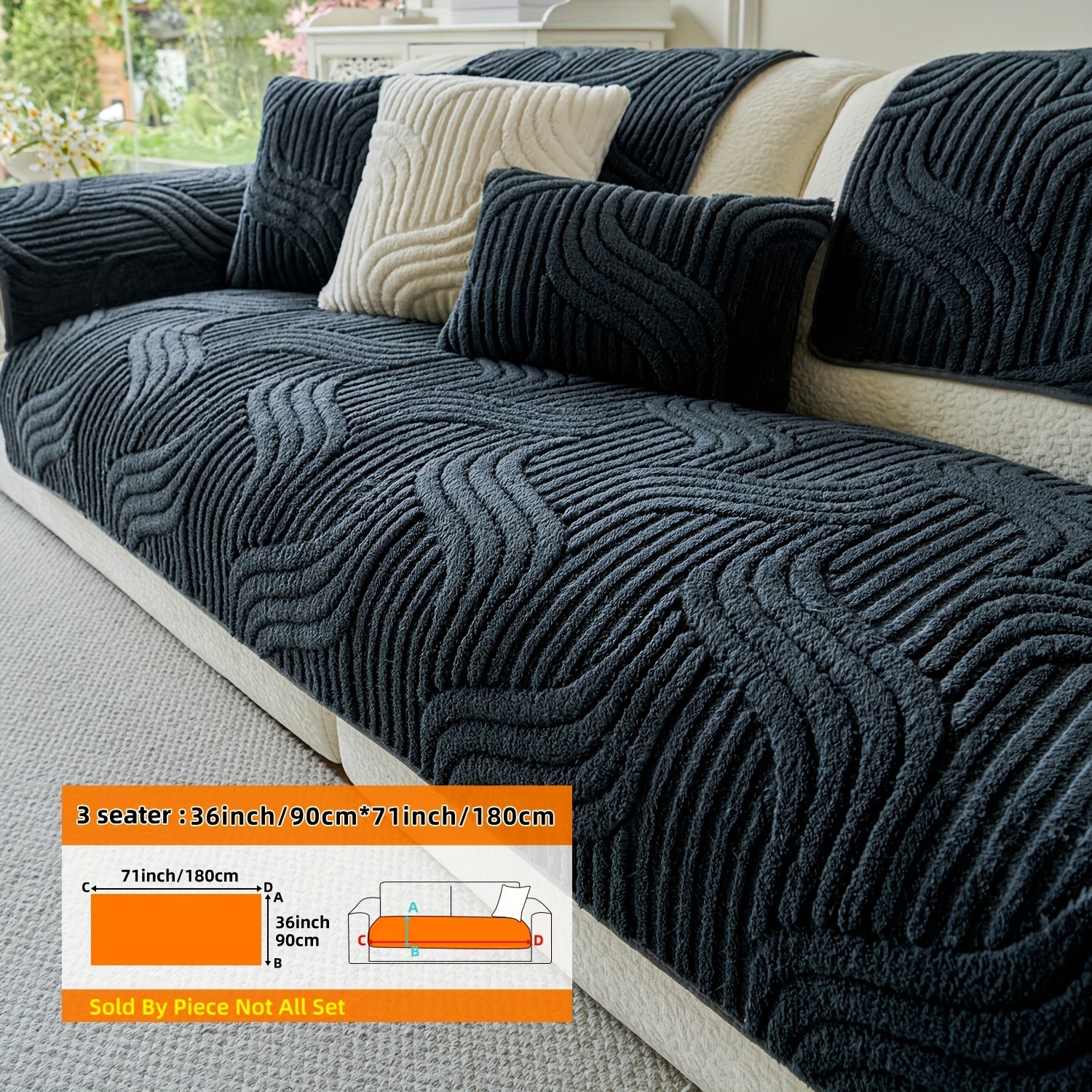 1pc AICHO HOUSE Plush Striped Sofa Cover with Anti-Slip Particles - Machine Washable, Versatile Fit for 1 to 4-Seater Sofas, Ideal for Living Room, Bedroom, Office - Elegant Black and Cream Decor