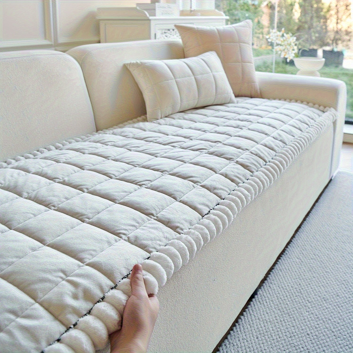 1pc Easy And Modern Style Thickened Non-Slip Sofa Cover | Luxurious Handmade Suede Non-Slip Edge, Pet-Friendly, Breathable And Fashionable Home Decoration, Suitable For Living Room, Bedroom, Office Furniture, Polyester, Quilting Craftsmanship