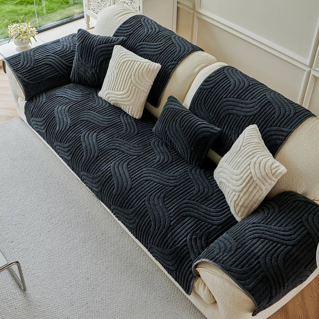 1pc AICHO HOUSE Plush Striped Sofa Cover with Anti-Slip Particles - Machine Washable, Versatile Fit for 1 to 4-Seater Sofas, Ideal for Living Room, Bedroom, Office - Elegant Black and Cream Decor