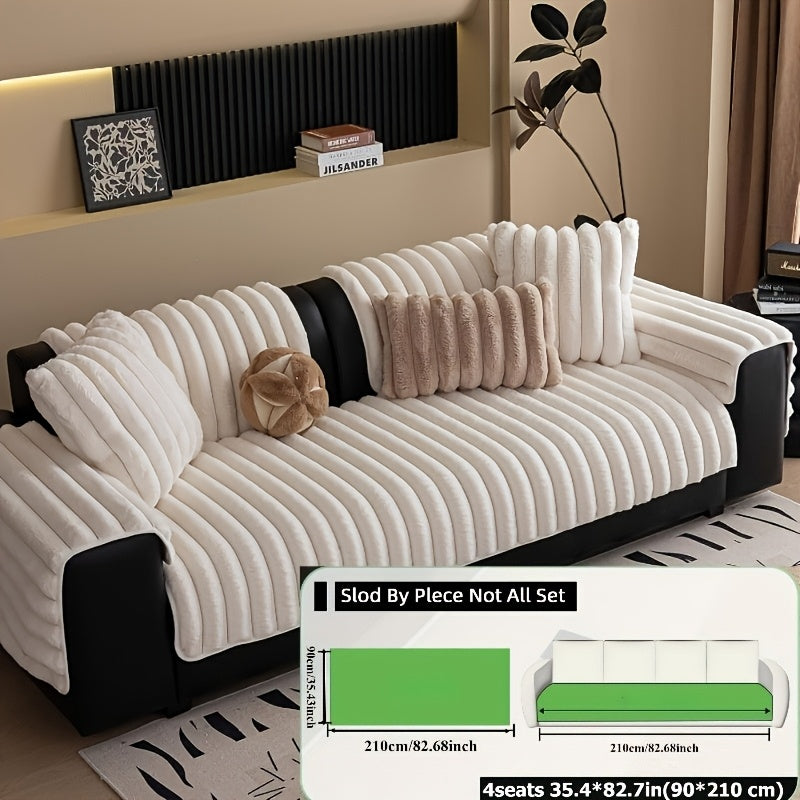 1pc of Off-White Faux Rabbit Patchwork Sofa Cover, Machine Washable Striped Non-Slip Velour Cushion Covers, Protective Covers Suitable for Furniture Seating 1 to 4 People
