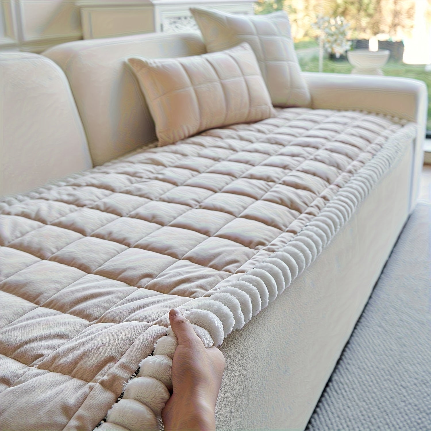 1pc Easy And Modern Style Thickened Non-Slip Sofa Cover | Luxurious Handmade Suede Non-Slip Edge, Pet-Friendly, Breathable And Fashionable Home Decoration, Suitable For Living Room, Bedroom, Office Furniture, Polyester, Quilting Craftsmanship