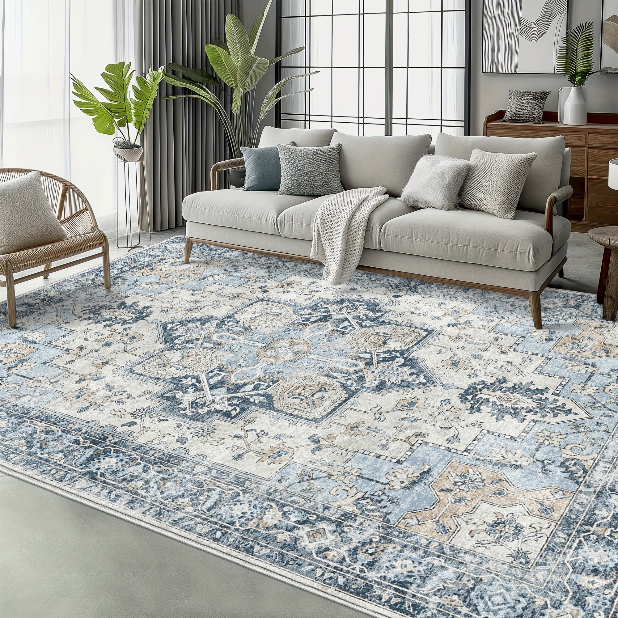 Area Rugs for Living Room, Machine Washable Rug, Non-Slip Vintage Retro Rugs, Low Pile Lightweight Chenille Print Rug for Bedroom, Dining Room, Home Office, Bathroom Carpet, Blue