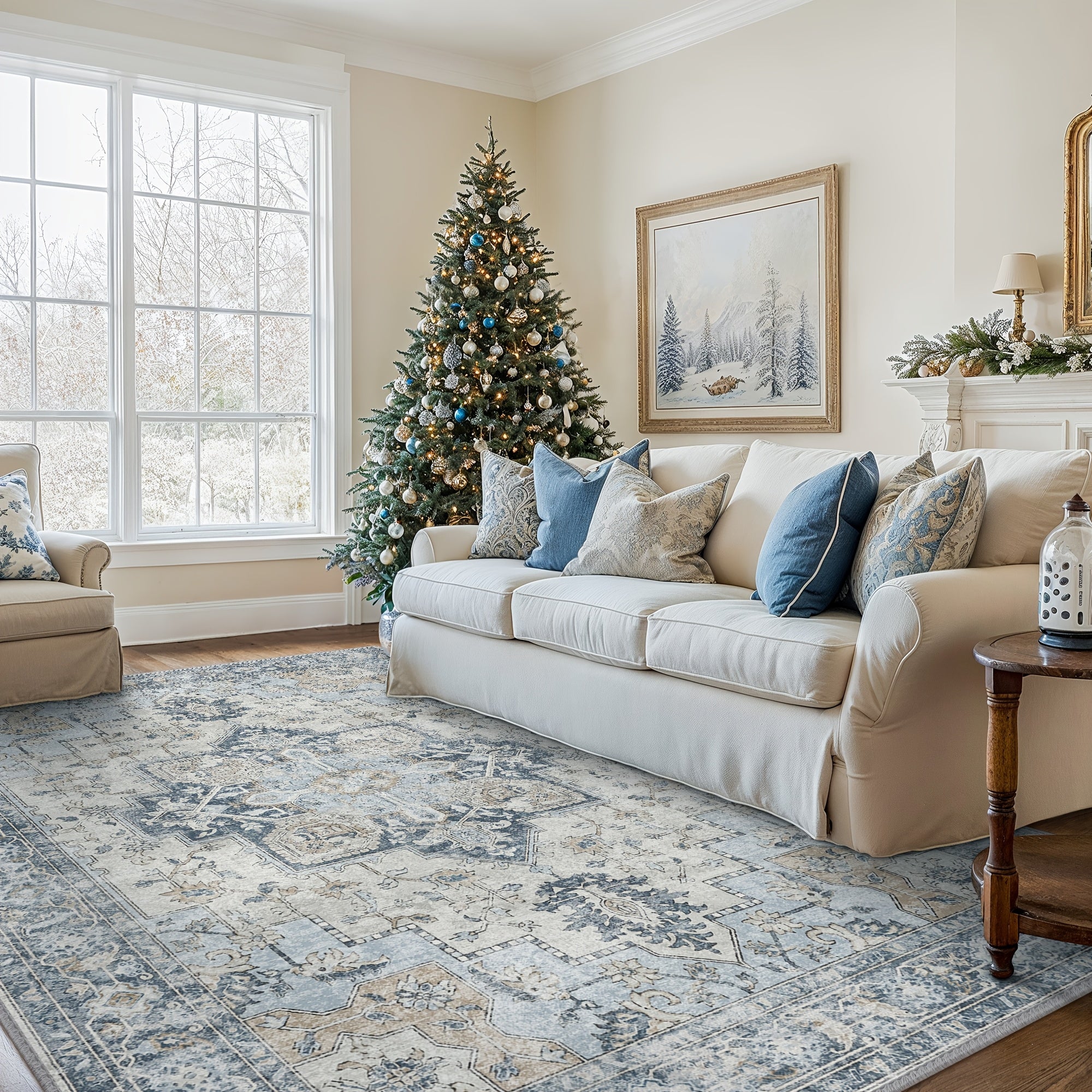 Area Rugs for Living Room, Machine Washable Rug, Non-Slip Vintage Retro Rugs, Low Pile Lightweight Chenille Print Rug for Bedroom, Dining Room, Home Office, Bathroom Carpet, Blue