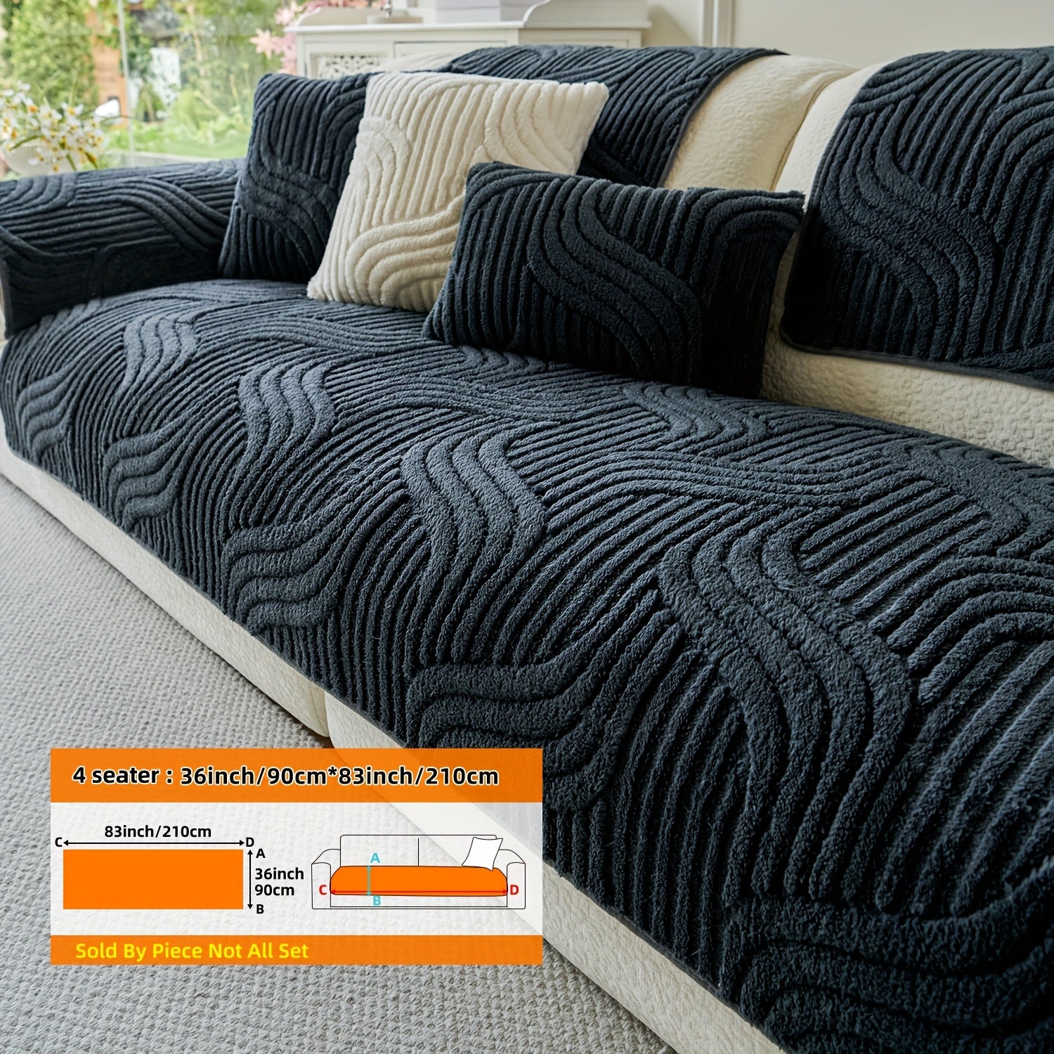 1pc AICHO HOUSE Plush Striped Sofa Cover with Anti-Slip Particles - Machine Washable, Versatile Fit for 1 to 4-Seater Sofas, Ideal for Living Room, Bedroom, Office - Elegant Black and Cream Decor