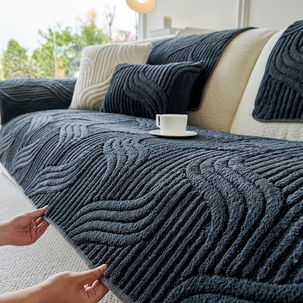 1pc AICHO HOUSE Plush Striped Sofa Cover with Anti-Slip Particles - Machine Washable, Versatile Fit for 1 to 4-Seater Sofas, Ideal for Living Room, Bedroom, Office - Elegant Black and Cream Decor