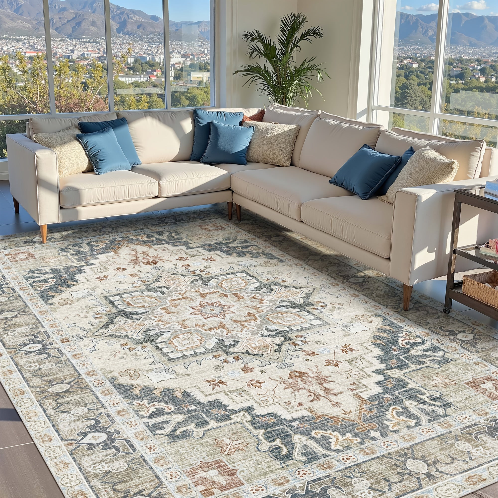 One Washable Rug in Orange And Cream, Made of Faux Cashmere with a Short Plush Texture. It Features a Non-Slip Backing And Is Soft, Non-Shedding, And Has a Durable Edge, Suitable for Decorating Living Rooms, Bedrooms, Kitchens, Laundry Areas