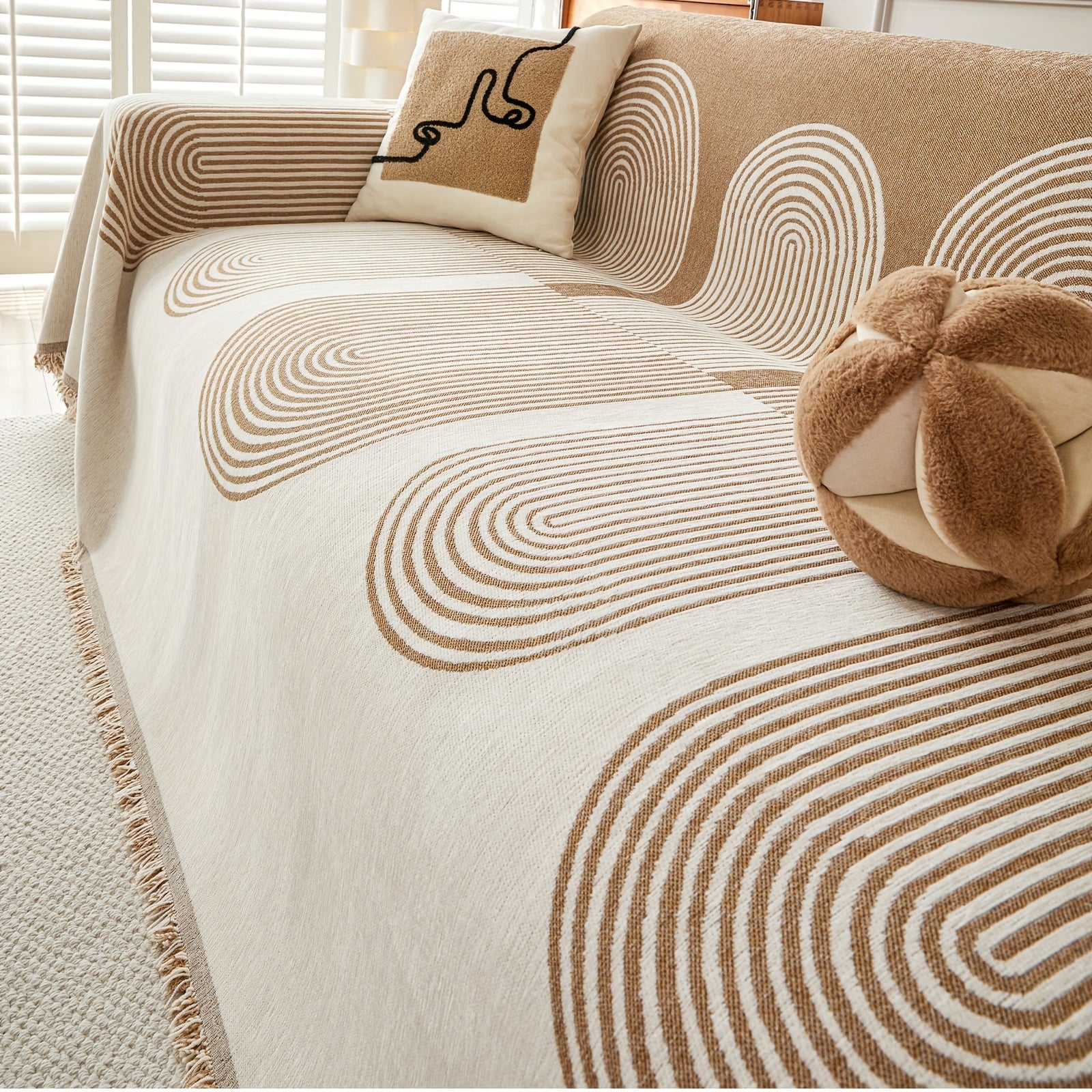 Reversible Chenille Couch Protector with Tassel Trim for 2\u002F3 Cushion Boho Sectional Sofas, Washable And Anti-Slip, Ideal for Pet Owners, Also Serves As a Jacquard Throw for L-Shaped Sofas