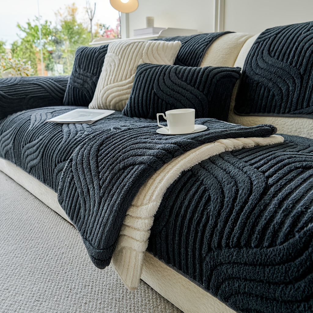 1pc AICHO HOUSE Plush Striped Sofa Cover with Anti-Slip Particles - Machine Washable, Versatile Fit for 1 to 4-Seater Sofas, Ideal for Living Room, Bedroom, Office - Elegant Black and Cream Decor