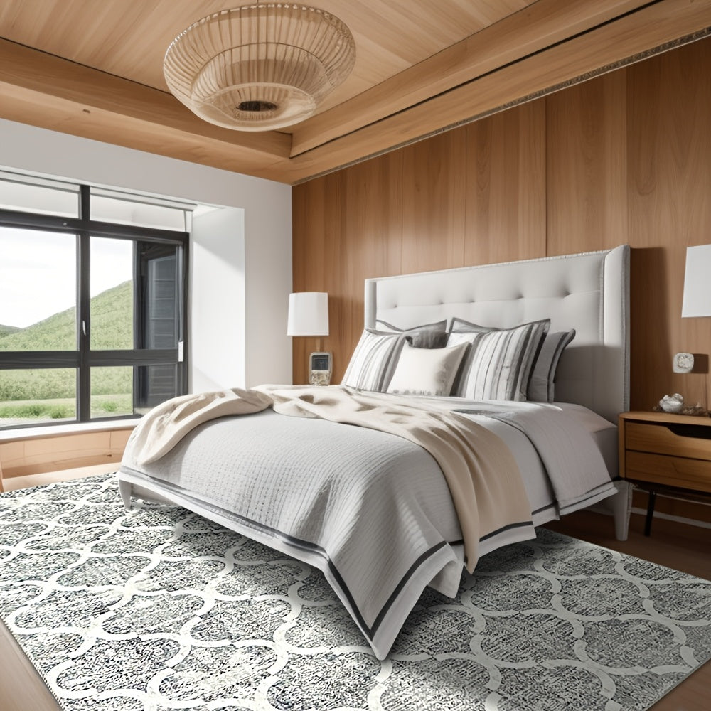 Grey and White Area Rug | Modern Minimalist Design, Non-Shedding, Easy Cleaning, Ideal for Living Room, Bedroom, Office, Dining Space, Polyester, Machine Made, Hooked Weave, 0.2 inch Thick