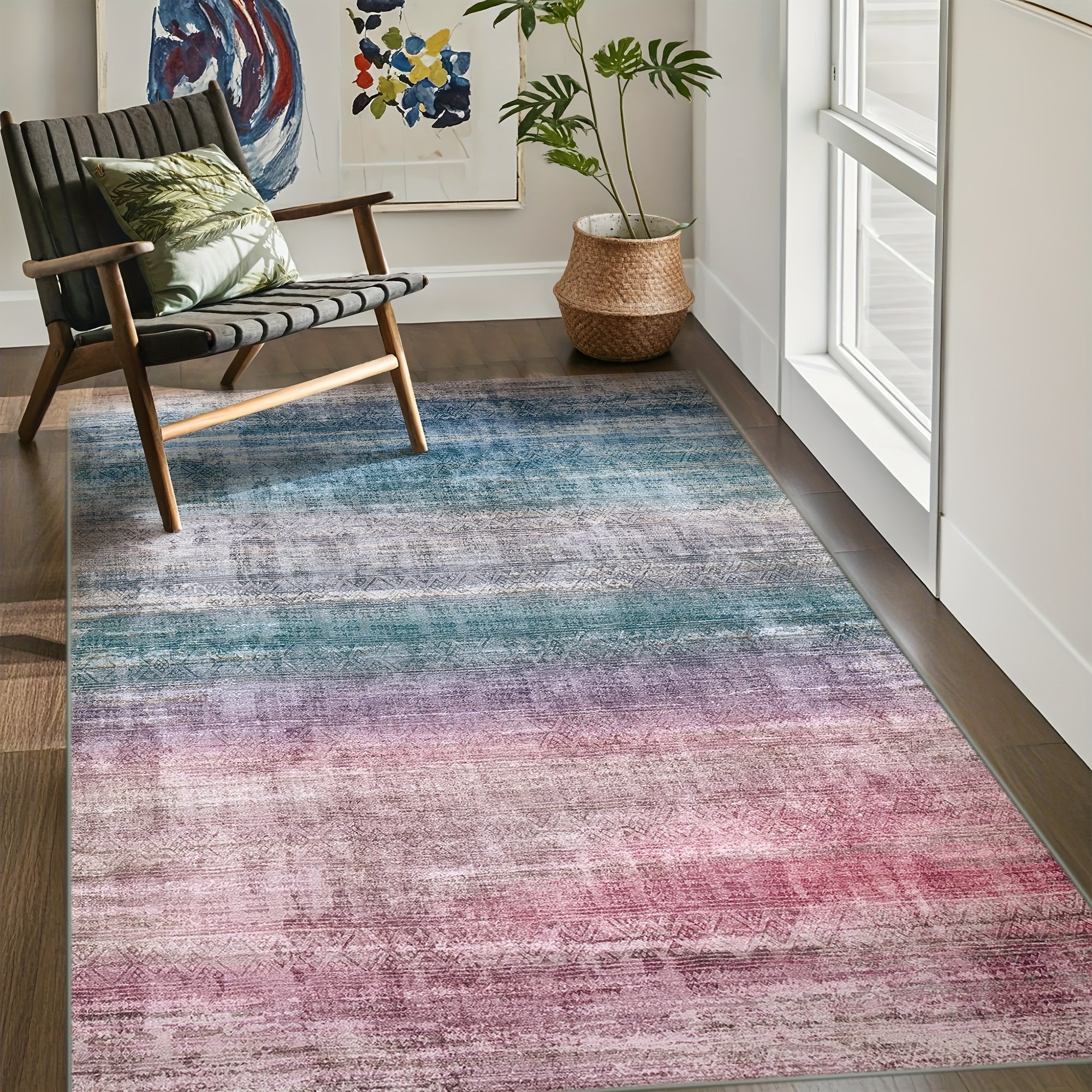 1pc Washable Area Rug Gradient Teal Blue Soft & Non-Slip, Vintage Moroccan Style, Modern Abstract Easy Cleaning - Perfect For Living Room, Bedroom, Dining Room