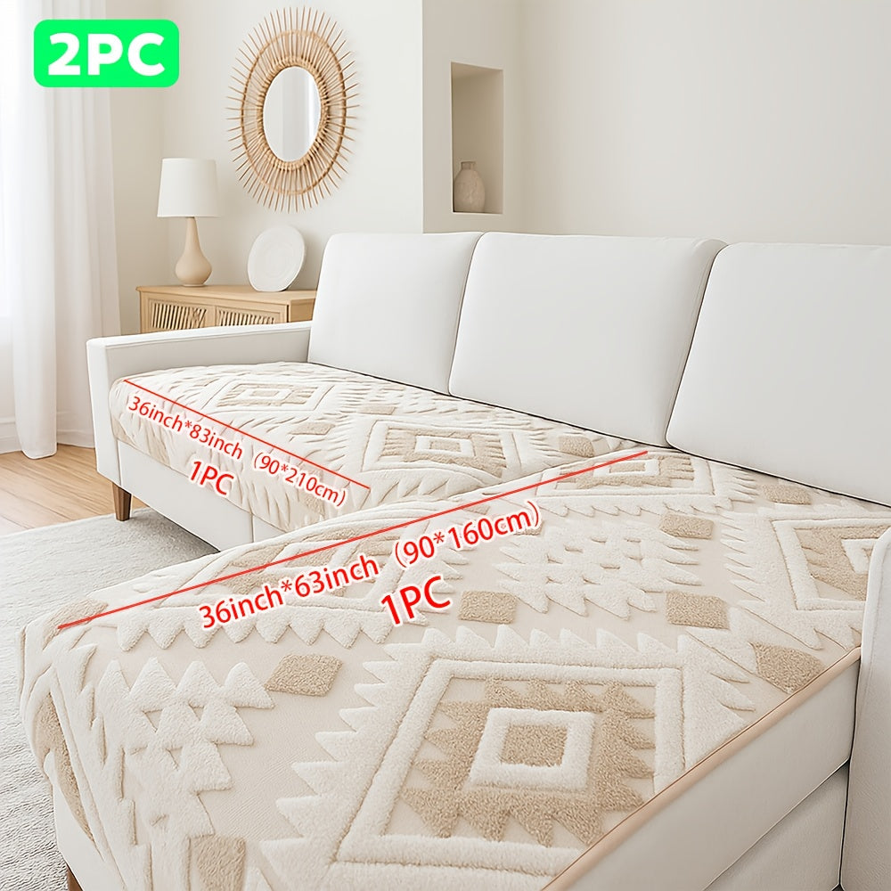 2pcs Bohemian Style Jacquard Sofa Cover Set with Cushion - Plush Thick Non-Slip L-Shaped Corner Design, & Geometric Pattern, Pet-Friendly All-Season Sofa Protector, Machine Washable Soft Fabric for Sectional Couches, Loveseats & for home Decor ( Fit