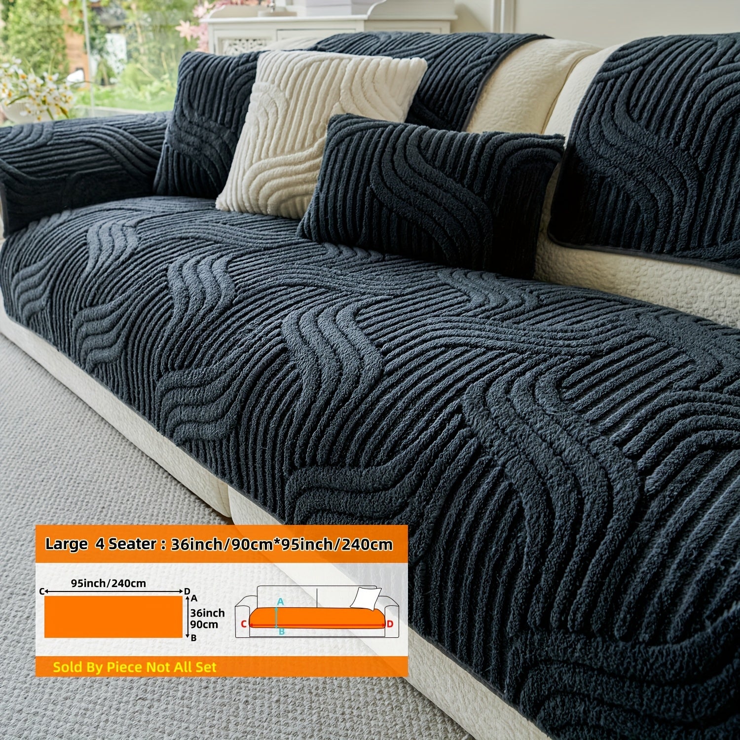 1pc AICHO HOUSE Plush Striped Sofa Cover with Anti-Slip Particles - Machine Washable, Versatile Fit for 1 to 4-Seater Sofas, Ideal for Living Room, Bedroom, Office - Elegant Black and Cream Decor