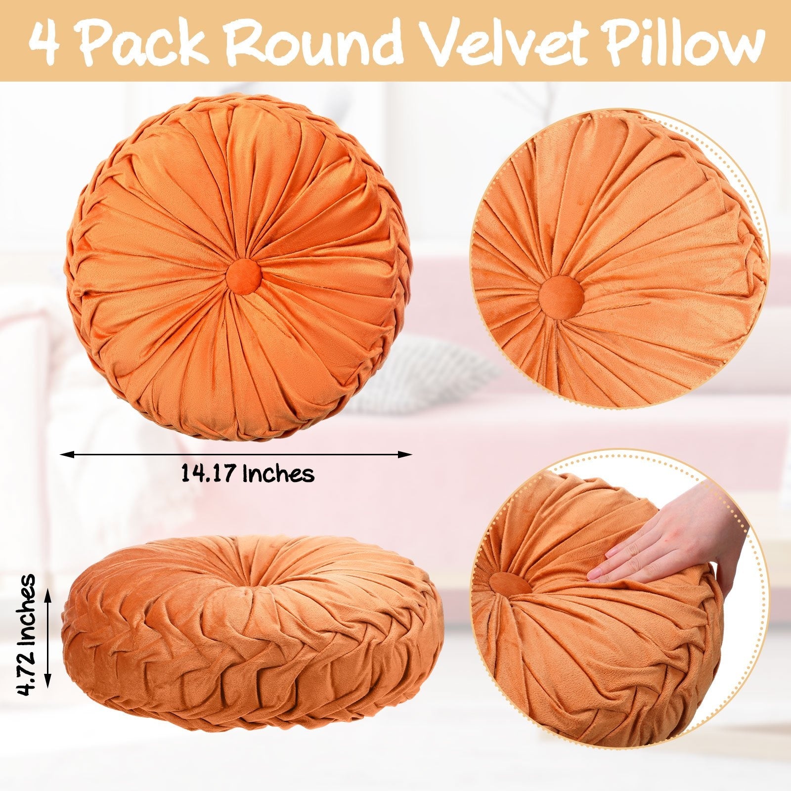 Kathfly 4 Count Round Throw Pillow Velvet Pleated 3D Pumpkin Round Pillow Boho Floor Cushion Couch For Bed Chair Home Car Sofa Decorations, 14.17 X 14.17 Inches (Colorful)