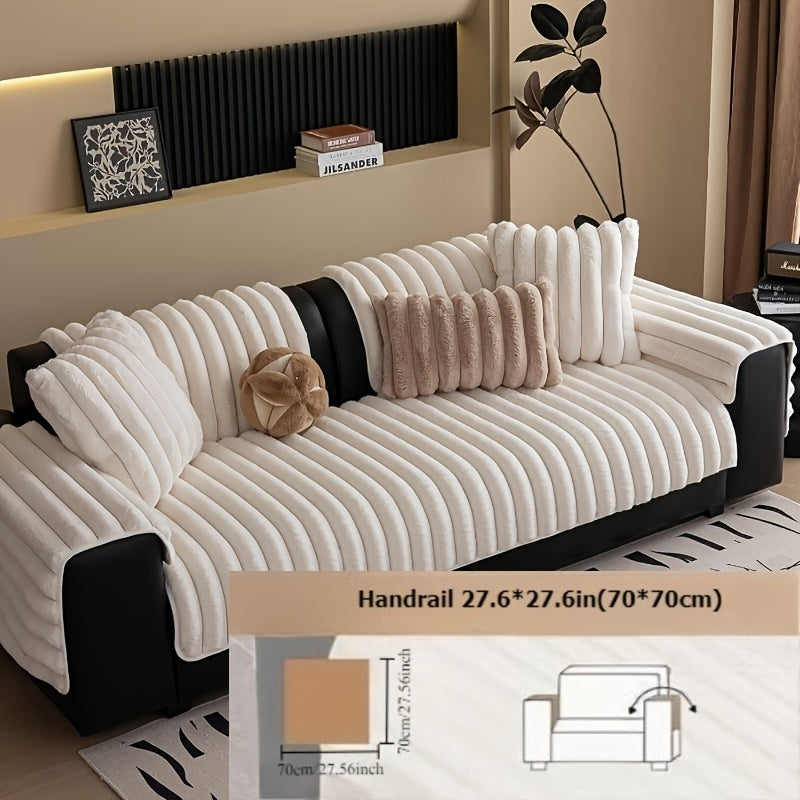 1pc of Off-White Faux Rabbit Patchwork Sofa Cover, Machine Washable Striped Non-Slip Velour Cushion Covers, Protective Covers Suitable for Furniture Seating 1 to 4 People