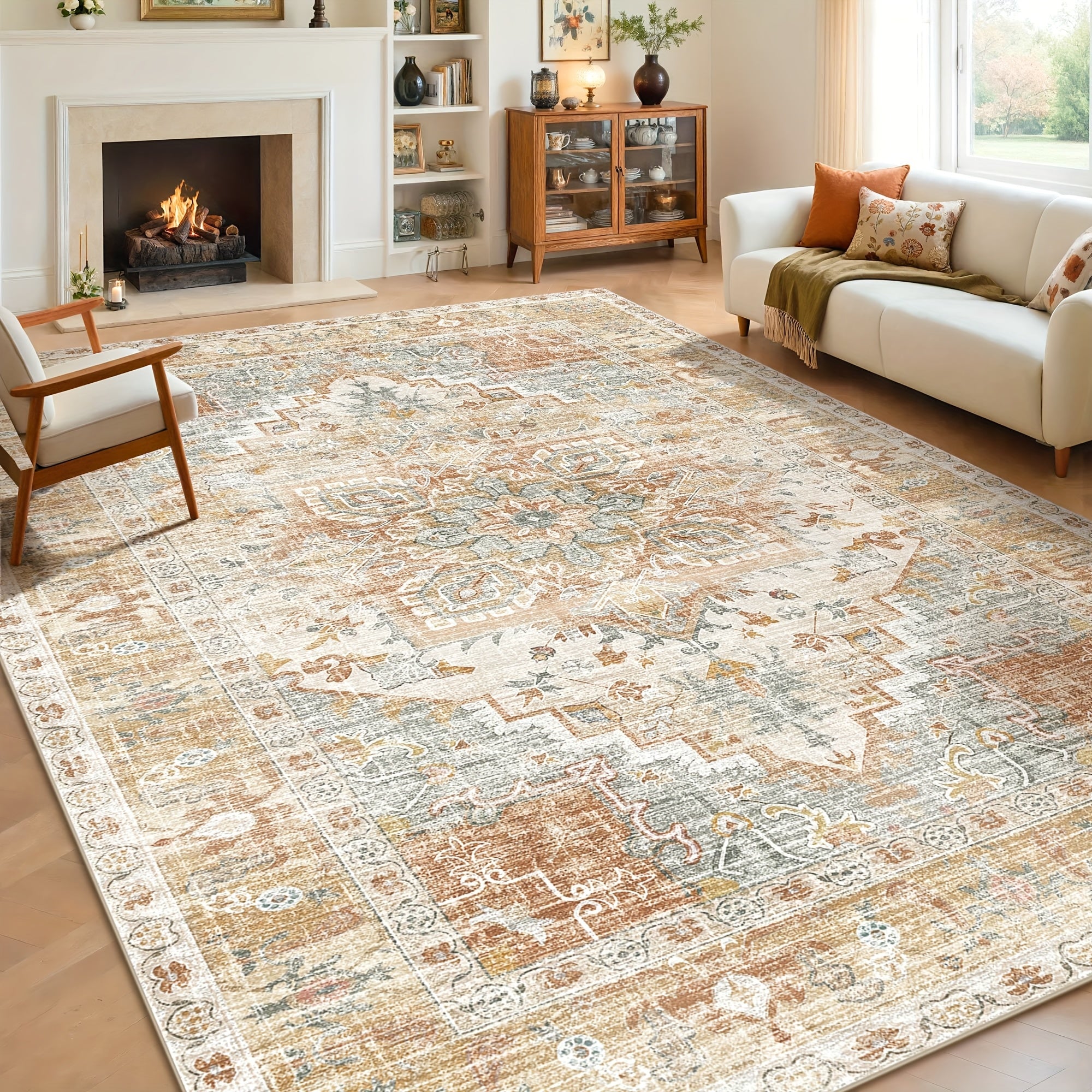 One Washable Rug in Orange And Cream, Made of Faux Cashmere with a Short Plush Texture. It Features a Non-Slip Backing And Is Soft, Non-Shedding, And Has a Durable Edge, Suitable for Decorating Living Rooms, Bedrooms, Kitchens, Laundry Areas