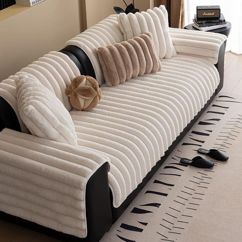1pc of Off-White Faux Rabbit Patchwork Sofa Cover, Machine Washable Striped Non-Slip Velour Cushion Covers, Protective Covers Suitable for Furniture Seating 1 to 4 People