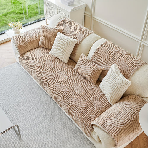 1pc AICHO HOUSE Plush Striped Sofa Cover with Anti-Slip Particles - Machine Washable, Versatile Fit for 1 to 4-Seater Sofas, Ideal for Living Room, Bedroom, Office - Elegant Black and Cream Decor