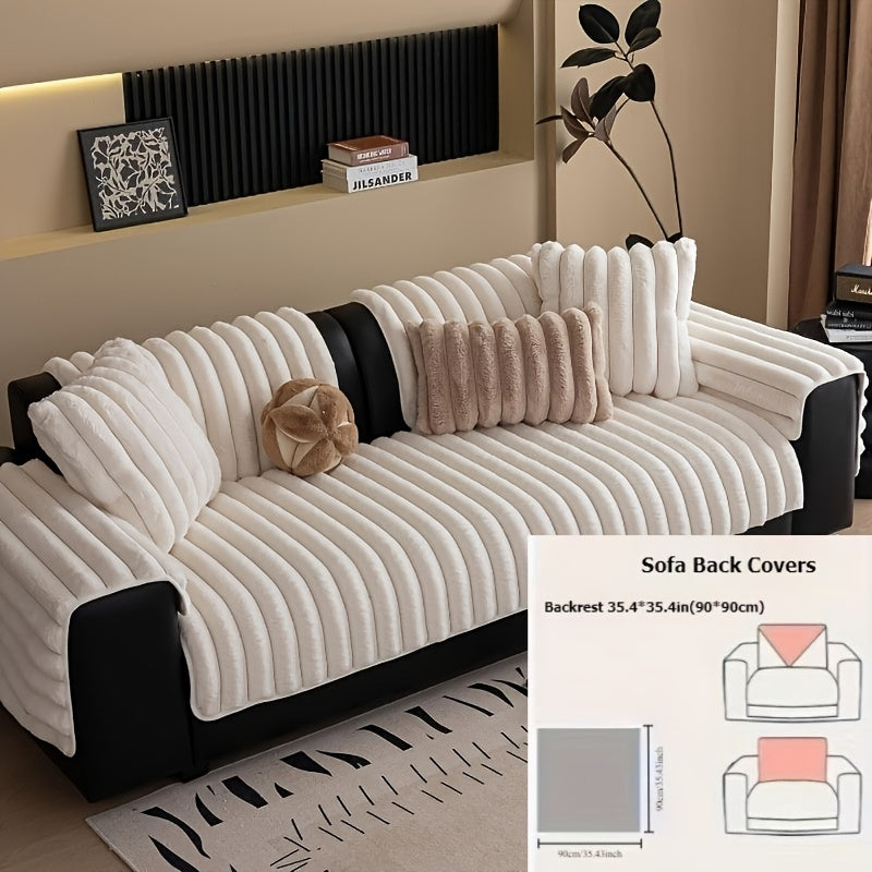 1pc of Off-White Faux Rabbit Patchwork Sofa Cover, Machine Washable Striped Non-Slip Velour Cushion Covers, Protective Covers Suitable for Furniture Seating 1 to 4 People