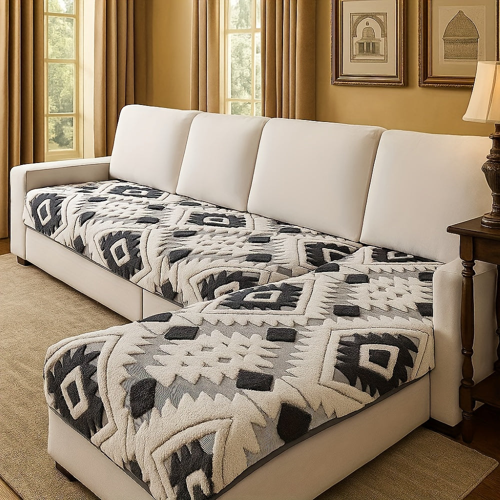 2pcs Bohemian Style Jacquard Sofa Cover Set with Cushion - Plush Thick Non-Slip L-Shaped Corner Design, & Geometric Pattern, Pet-Friendly All-Season Sofa Protector, Machine Washable Soft Fabric for Sectional Couches, Loveseats & for home Decor ( Fit