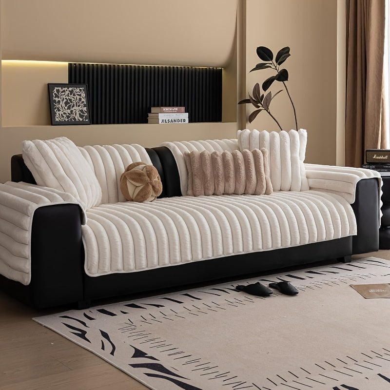 1pc of Off-White Faux Rabbit Patchwork Sofa Cover, Machine Washable Striped Non-Slip Velour Cushion Covers, Protective Covers Suitable for Furniture Seating 1 to 4 People