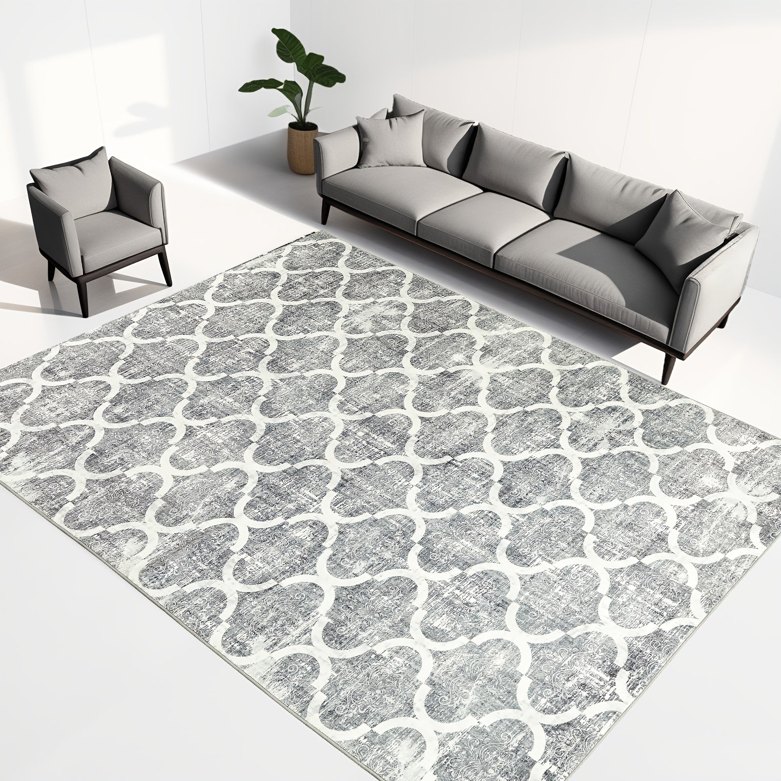 Grey and White Area Rug | Modern Minimalist Design, Non-Shedding, Easy Cleaning, Ideal for Living Room, Bedroom, Office, Dining Space, Polyester, Machine Made, Hooked Weave, 0.2 inch Thick