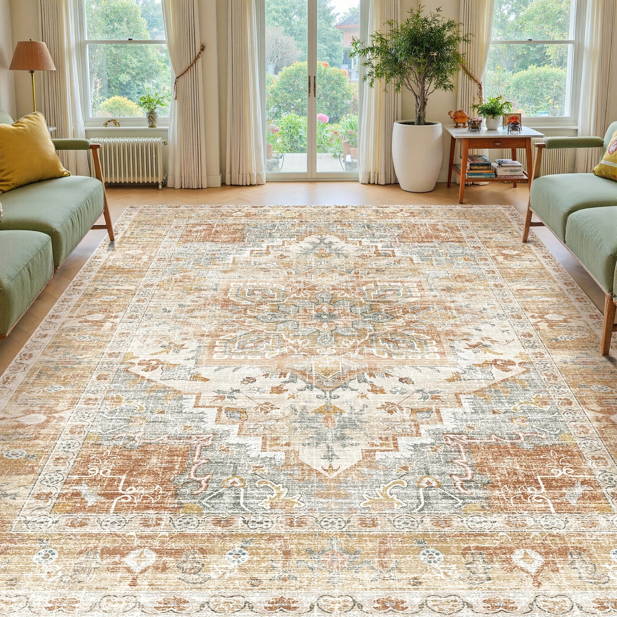 One Washable Rug in Orange And Cream, Made of Faux Cashmere with a Short Plush Texture. It Features a Non-Slip Backing And Is Soft, Non-Shedding, And Has a Durable Edge, Suitable for Decorating Living Rooms, Bedrooms, Kitchens, Laundry Areas