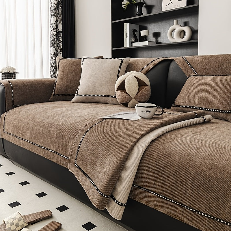 Contemporary Chenille Sofa Cover Suitable for All Sofa Types (Single\u002FDouble\u002FTriple\u002FQuad) - Soft Lace Trim, Non-Slip Furniture Protector, Fit Sofa Cover for, Bedrom, Office - Machine Washable Cover