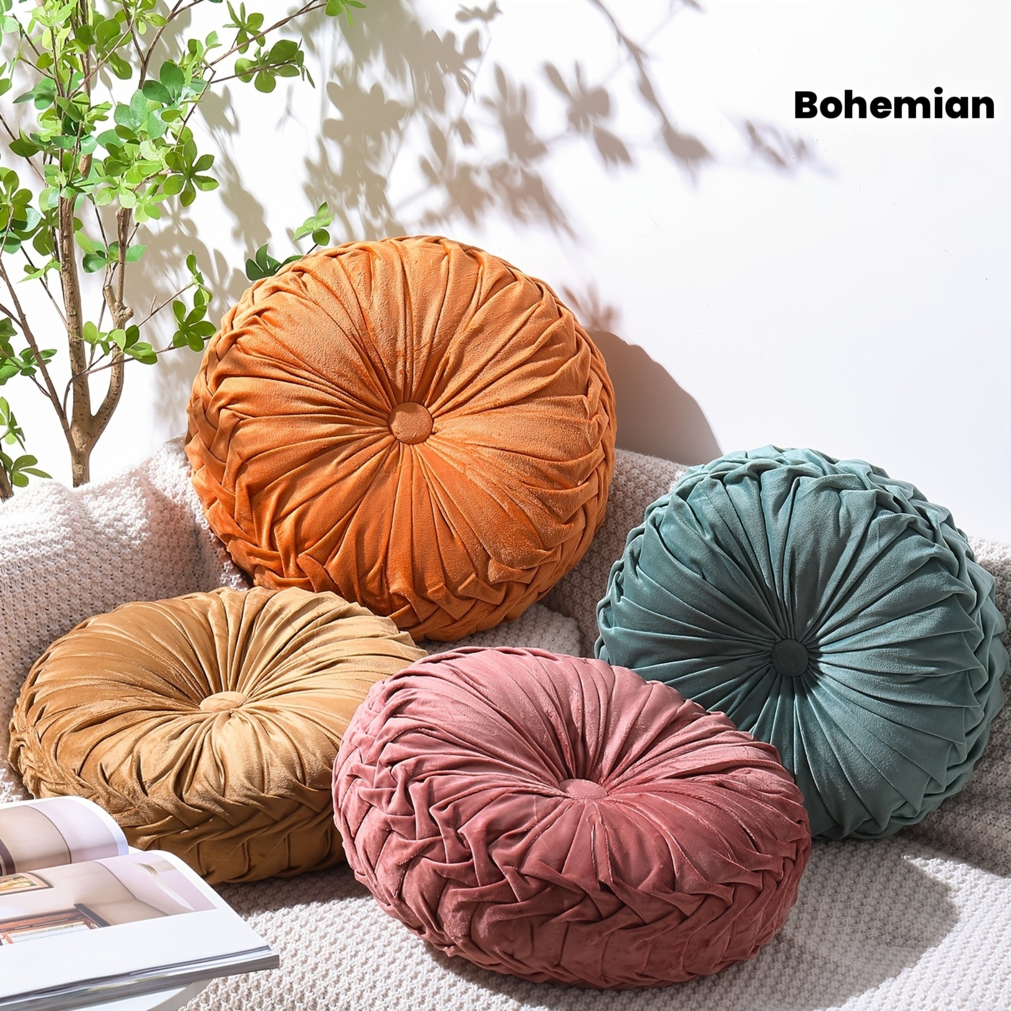 Kathfly 4 Count Round Throw Pillow Velvet Pleated 3D Pumpkin Round Pillow Boho Floor Cushion Couch For Bed Chair Home Car Sofa Decorations, 14.17 X 14.17 Inches (Colorful)