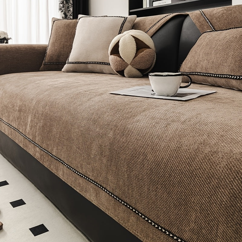 Contemporary Chenille Sofa Cover Suitable for All Sofa Types (Single\u002FDouble\u002FTriple\u002FQuad) - Soft Lace Trim, Non-Slip Furniture Protector, Fit Sofa Cover for, Bedrom, Office - Machine Washable Cover