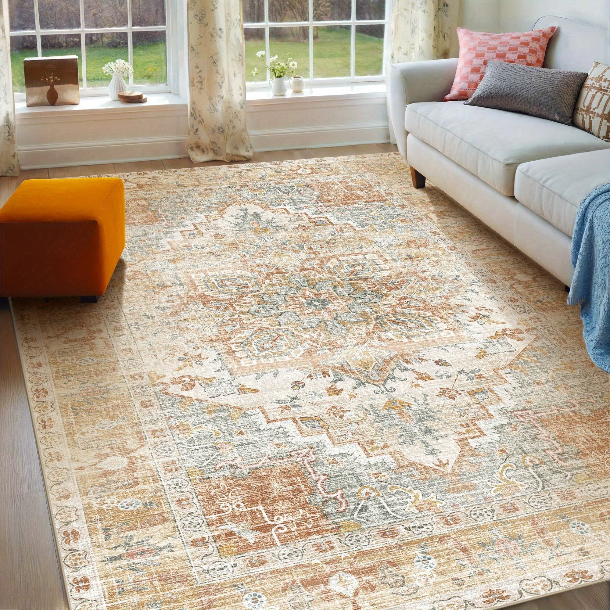 One Washable Rug in Orange And Cream, Made of Faux Cashmere with a Short Plush Texture. It Features a Non-Slip Backing And Is Soft, Non-Shedding, And Has a Durable Edge, Suitable for Decorating Living Rooms, Bedrooms, Kitchens, Laundry Areas