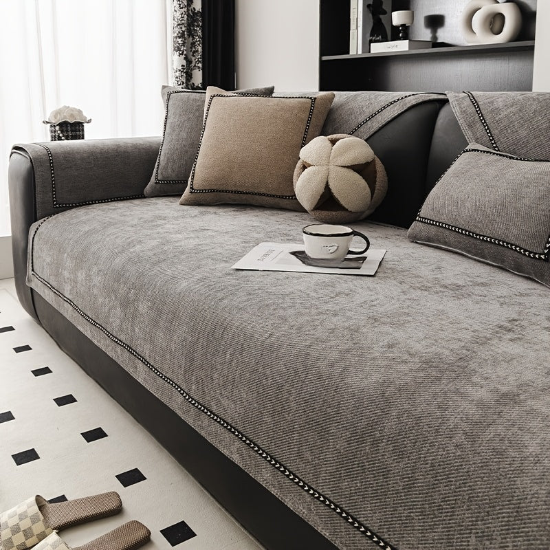 Contemporary Chenille Sofa Cover Suitable for All Sofa Types (Single\u002FDouble\u002FTriple\u002FQuad) - Soft Lace Trim, Non-Slip Furniture Protector, Fit Sofa Cover for, Bedrom, Office - Machine Washable Cover