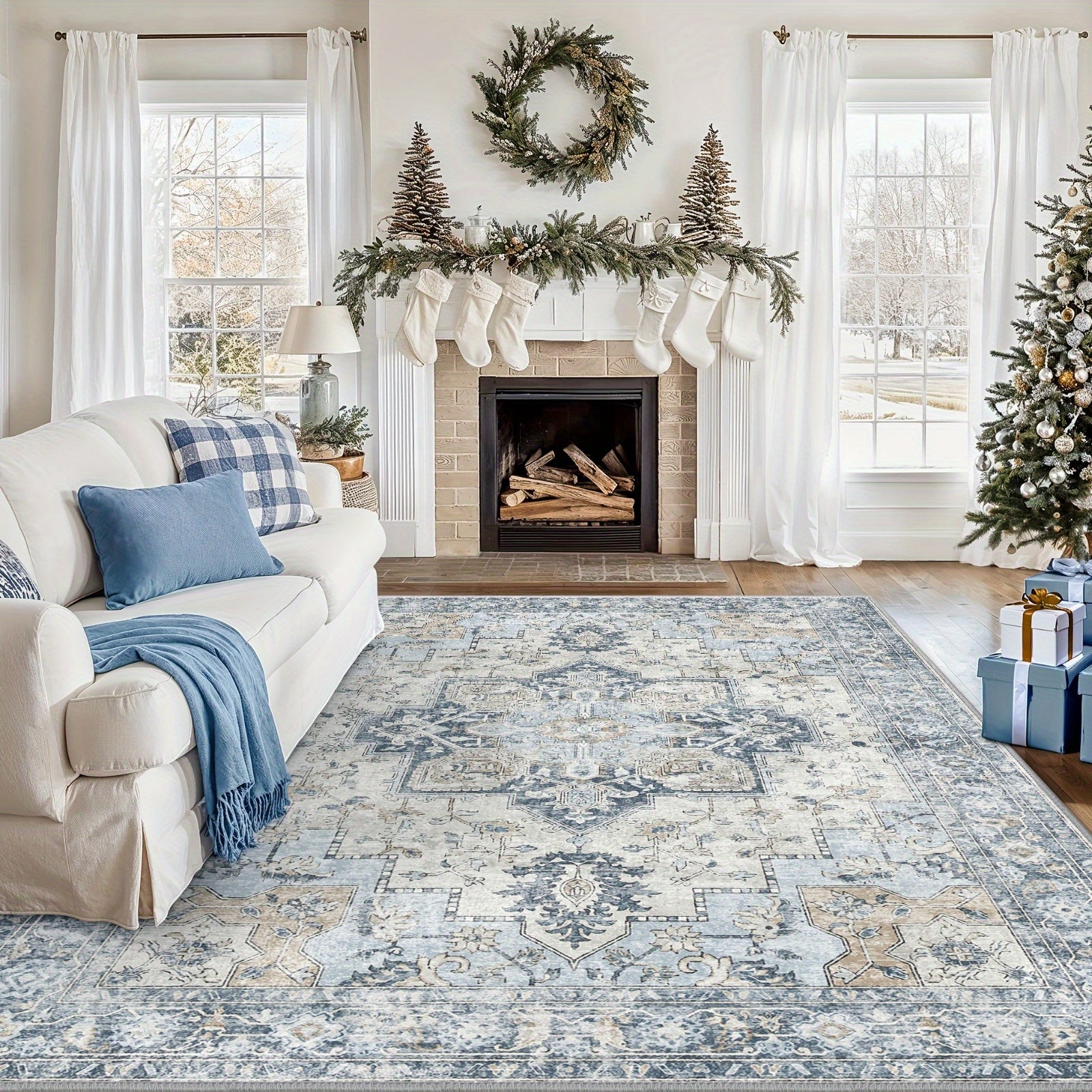 Area Rugs for Living Room, Machine Washable Rug, Non-Slip Vintage Retro Rugs, Low Pile Lightweight Chenille Print Rug for Bedroom, Dining Room, Home Office, Bathroom Carpet, Blue