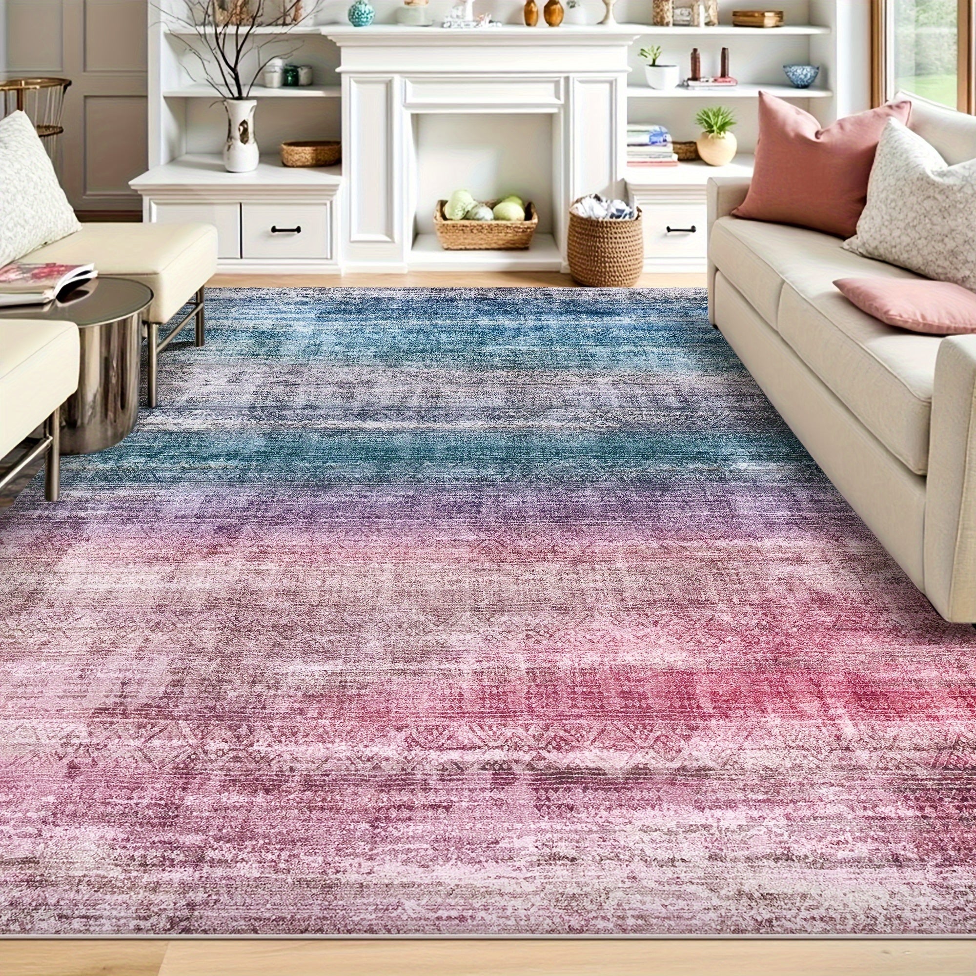 1pc Washable Area Rug Gradient Teal Blue Soft & Non-Slip, Vintage Moroccan Style, Modern Abstract Easy Cleaning - Perfect For Living Room, Bedroom, Dining Room