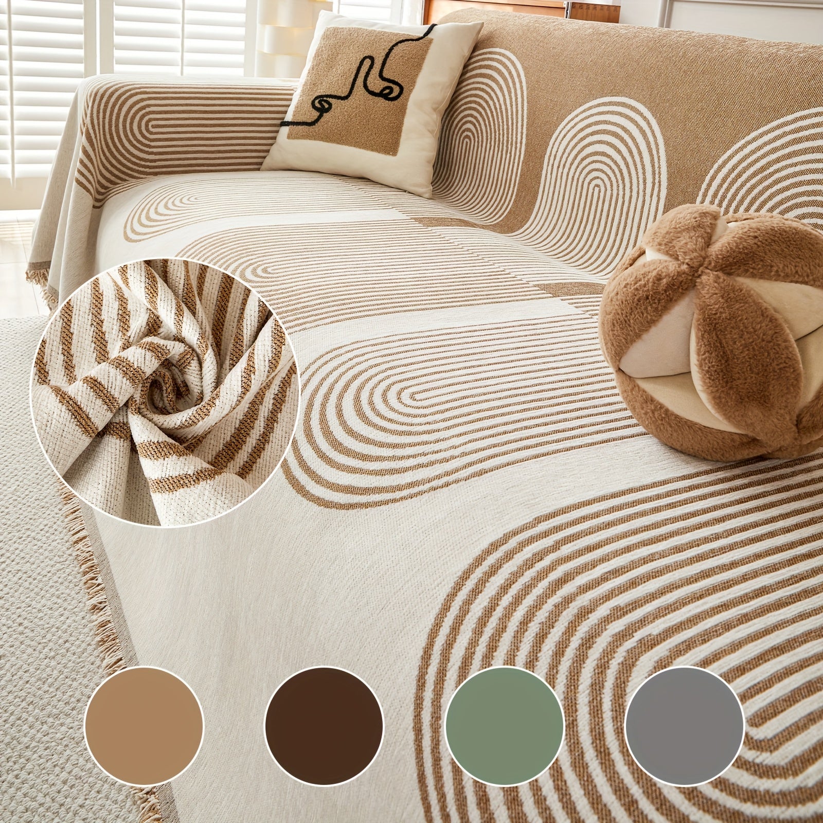 Reversible Chenille Couch Protector with Tassel Trim for 2\u002F3 Cushion Boho Sectional Sofas, Washable And Anti-Slip, Ideal for Pet Owners, Also Serves As a Jacquard Throw for L-Shaped Sofas