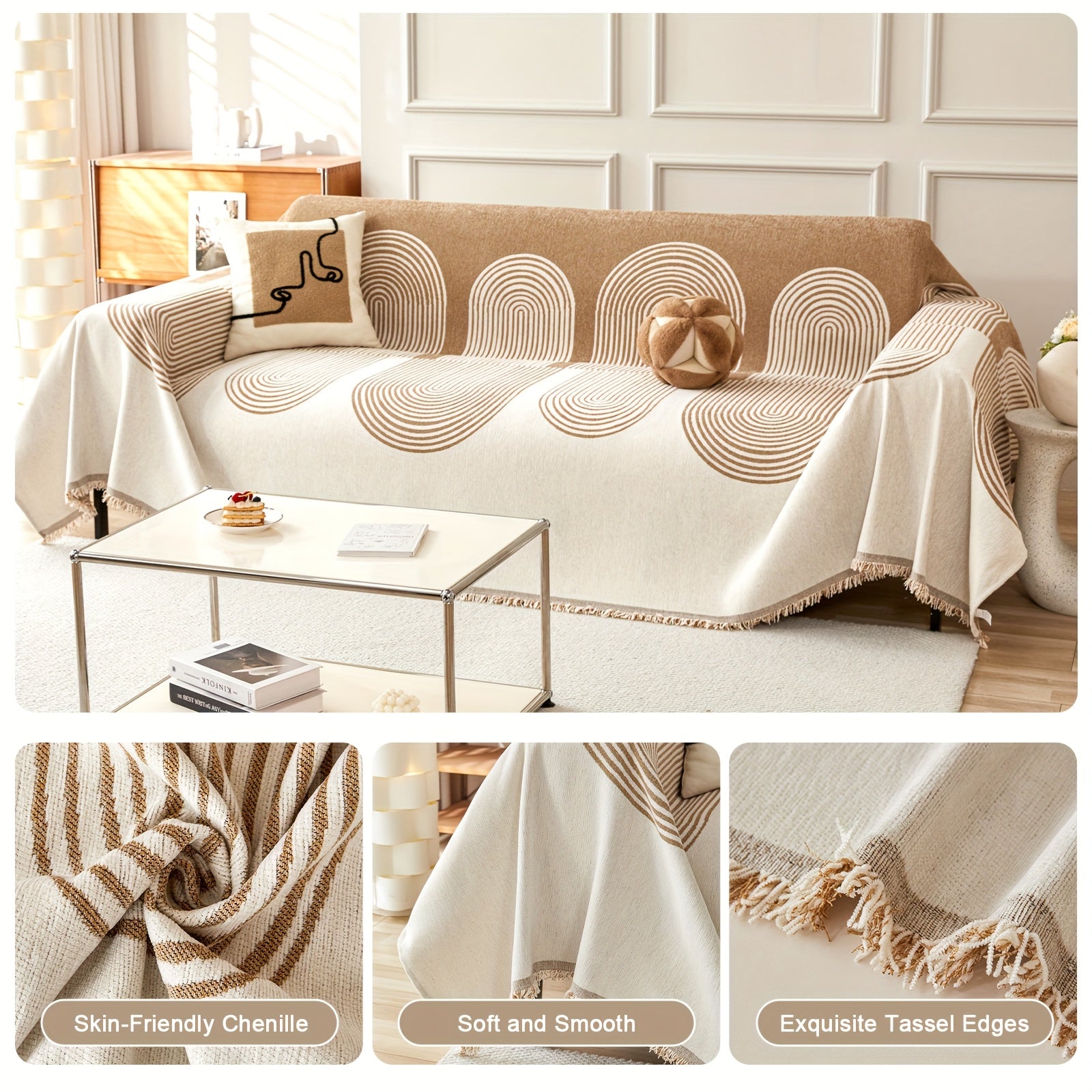 Reversible Chenille Couch Protector with Tassel Trim for 2\u002F3 Cushion Boho Sectional Sofas, Washable And Anti-Slip, Ideal for Pet Owners, Also Serves As a Jacquard Throw for L-Shaped Sofas
