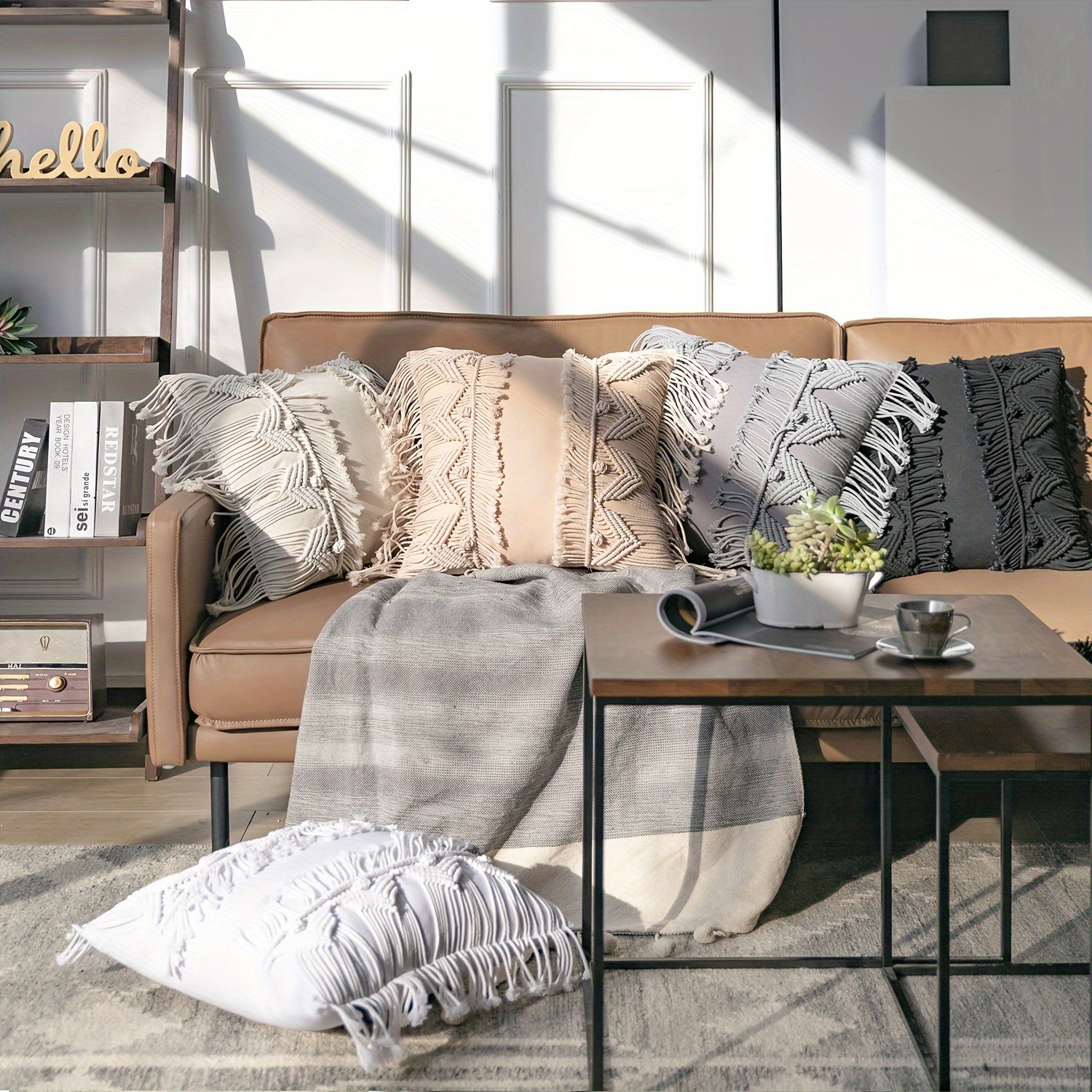 100% Handmade Crochet Boho Series with Tassels and Knot Throw Pillow 18x18in 45x45cm 1 pack