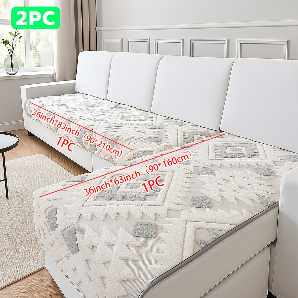2pcs Bohemian Style Jacquard Sofa Cover Set with Cushion - Plush Thick Non-Slip L-Shaped Corner Design, & Geometric Pattern, Pet-Friendly All-Season Sofa Protector, Machine Washable Soft Fabric for Sectional Couches, Loveseats & for home Decor ( Fit