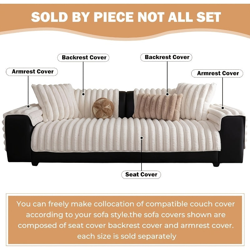 1pc of Off-White Faux Rabbit Patchwork Sofa Cover, Machine Washable Striped Non-Slip Velour Cushion Covers, Protective Covers Suitable for Furniture Seating 1 to 4 People