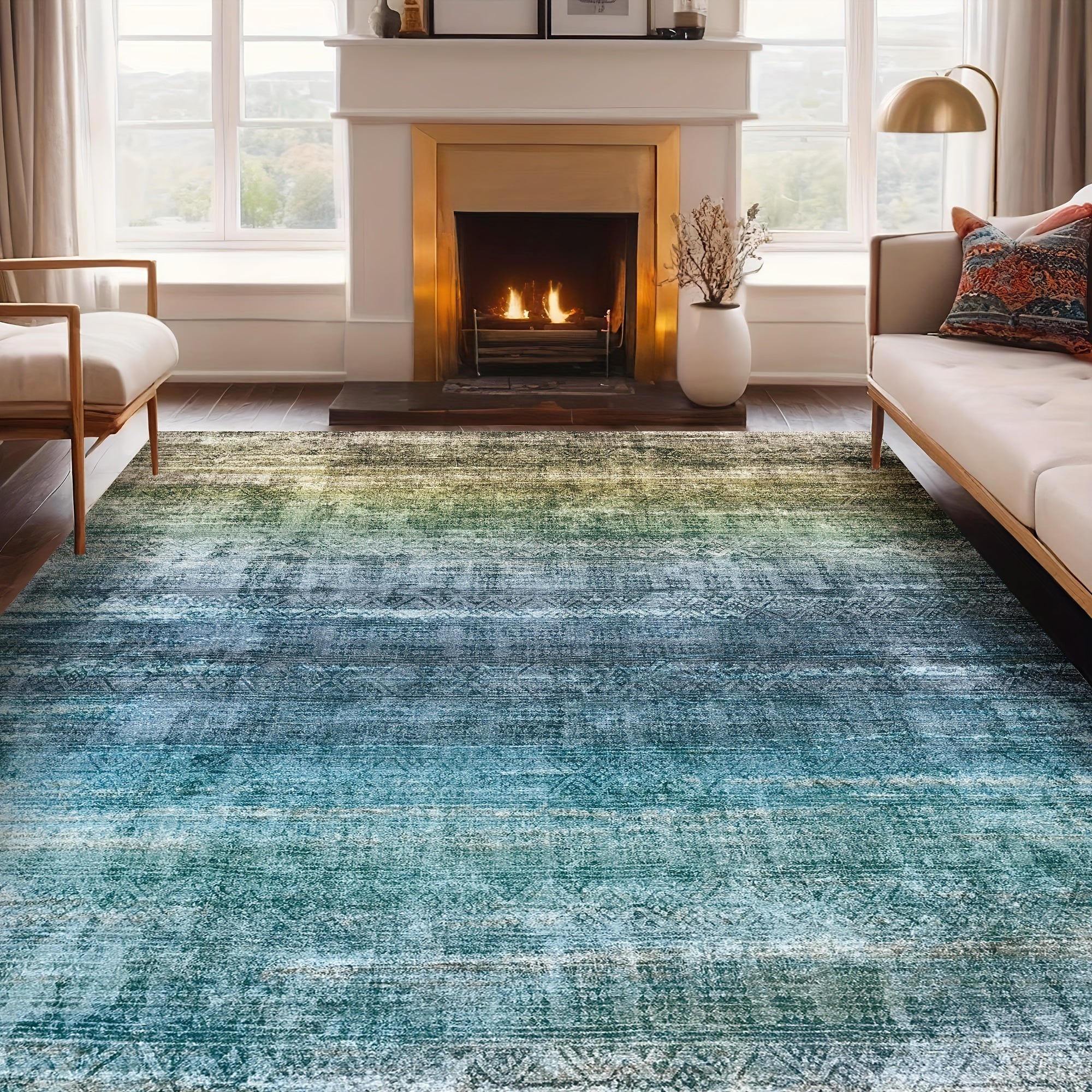 1pc Washable Area Rug Gradient Teal Blue Soft & Non-Slip, Vintage Moroccan Style, Modern Abstract Easy Cleaning - Perfect For Living Room, Bedroom, Dining Room