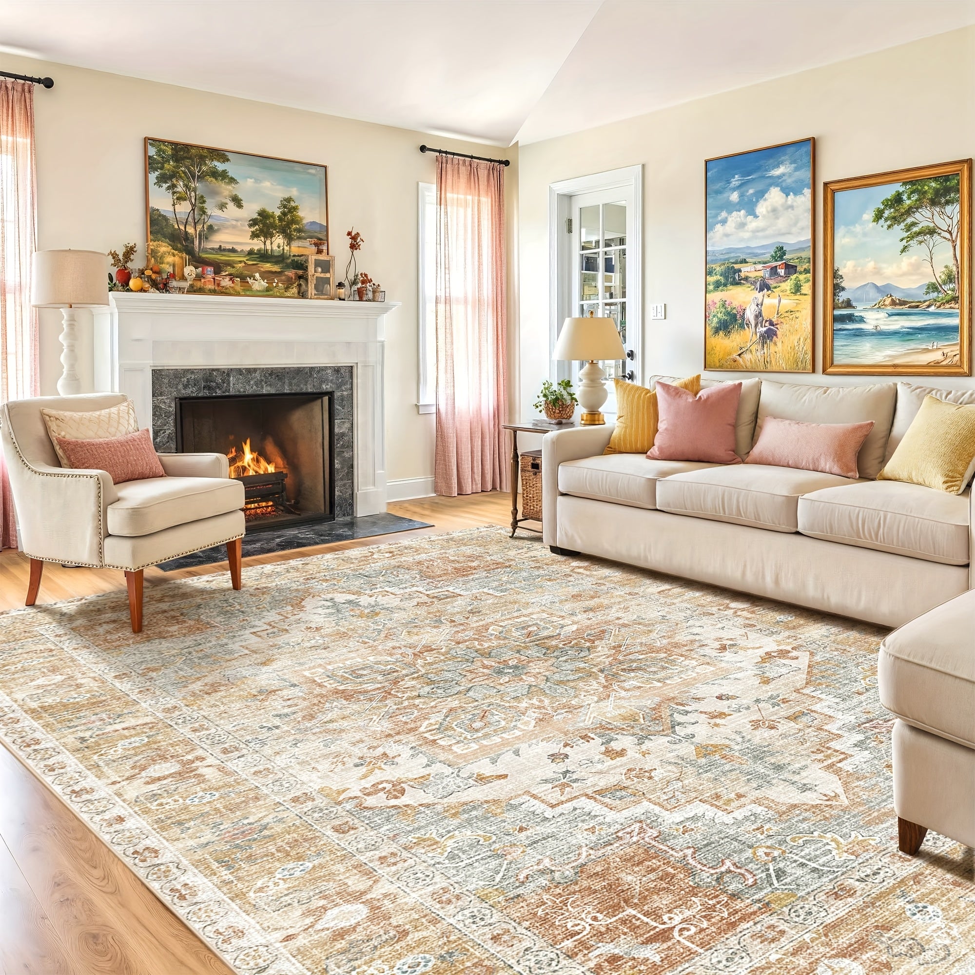 One Washable Rug in Orange And Cream, Made of Faux Cashmere with a Short Plush Texture. It Features a Non-Slip Backing And Is Soft, Non-Shedding, And Has a Durable Edge, Suitable for Decorating Living Rooms, Bedrooms, Kitchens, Laundry Areas