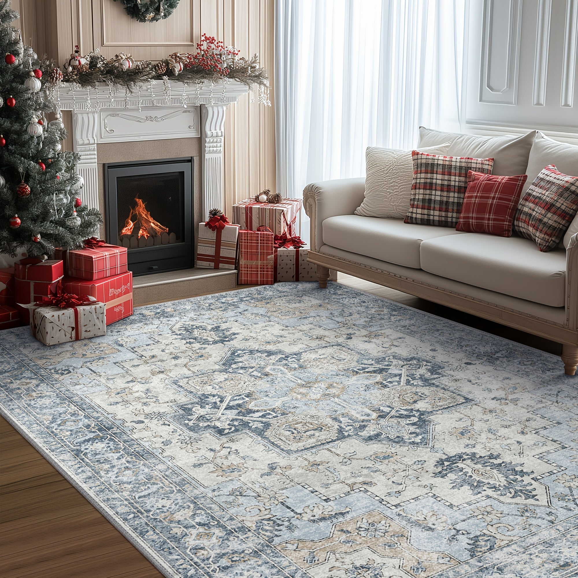 Area Rugs for Living Room, Machine Washable Rug, Non-Slip Vintage Retro Rugs, Low Pile Lightweight Chenille Print Rug for Bedroom, Dining Room, Home Office, Bathroom Carpet, Blue